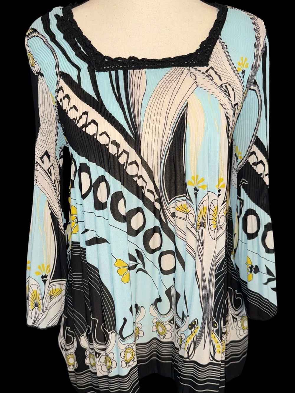 Nicola Stretch Pleated Tunic Top Mini Dress Abstract Art Nouveau Print Y2K